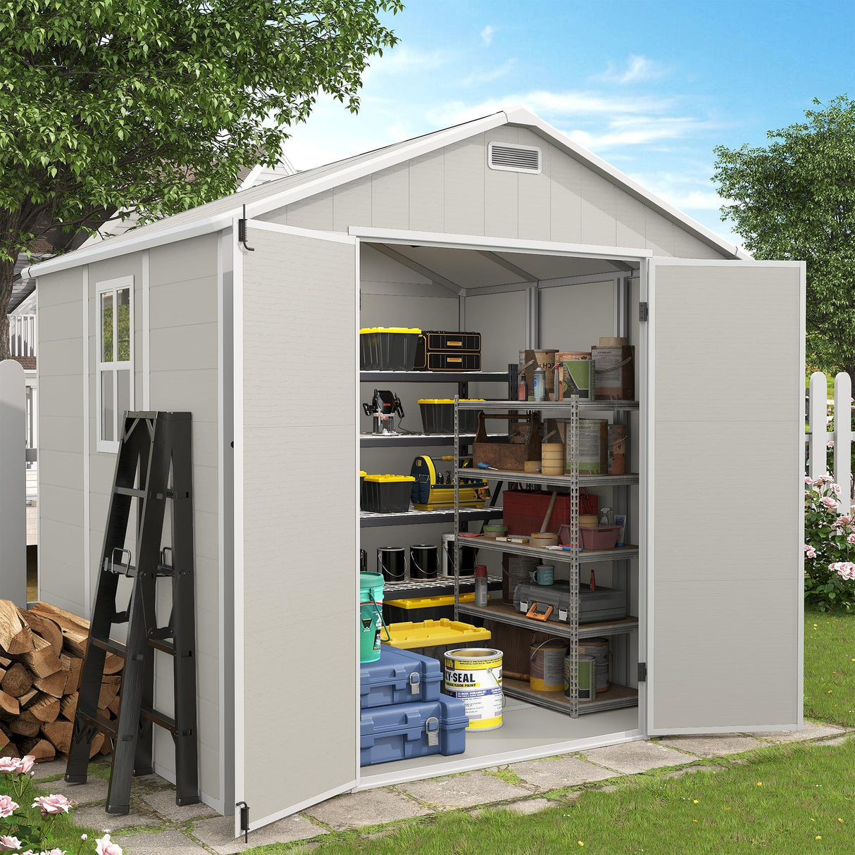 VONZOY Outdoor Storage Shed, 8x6 FT Resin Shed with Floor and Vents, Window & Lockable Door, Tool Sheds & Outdoor Storage for Bike, Tools, Garden Accessories, Waterproof (Sandstone) VONZOY