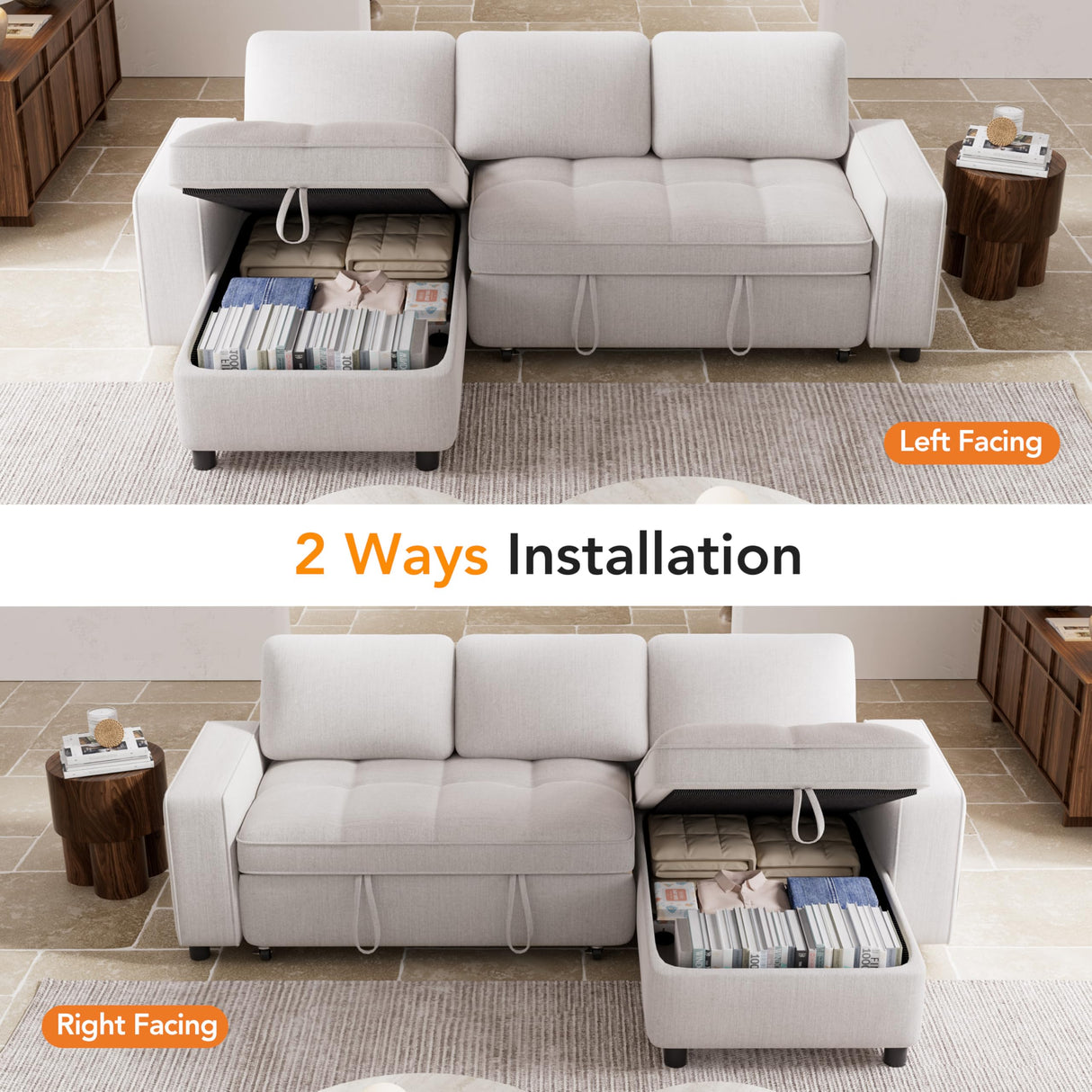 Vipbear 81" Sectional Sleeper Sofa Bed with Pull Out Bed, L Shaped Couch Sleeper Sofa, Pull Out Couch with Reclining Backrest, Reversible Storage Chaise, USB Ports, Tool-Free Assembly, Chenille Beige Vipbear