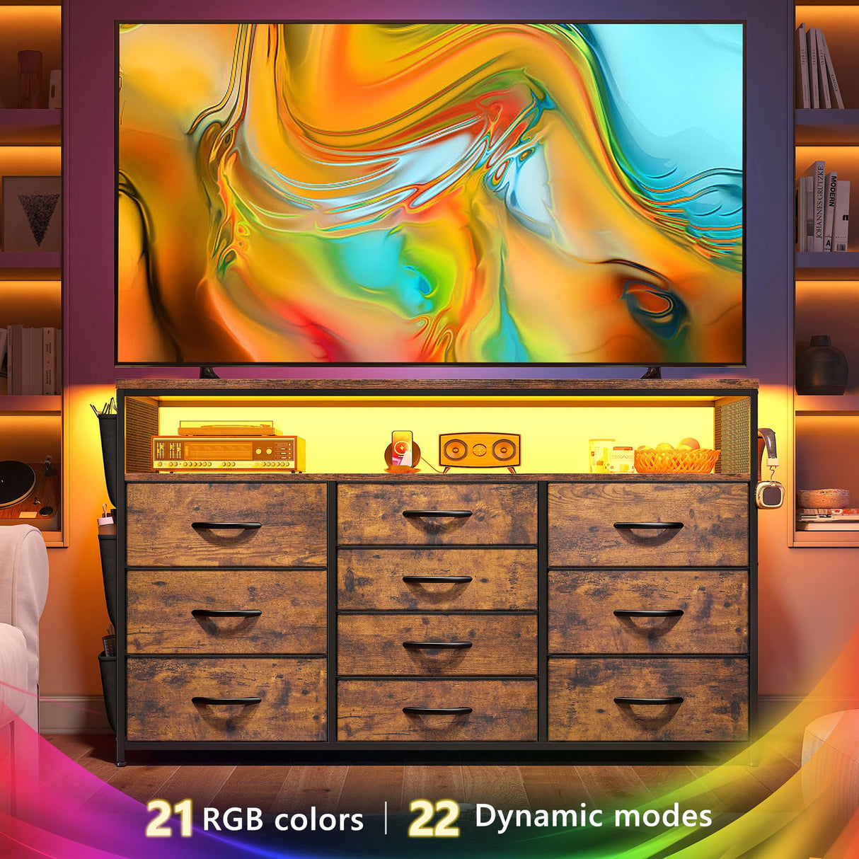 EnHomee Dresser for Bedroom with 10 Fabric Drawers, Dresser with LED Lights & Power Outlets, 55" TV Stand Dresser with Side Pockets and Wood Open Shelves for Bedroom, Entryway, Rustic Brown EnHomee