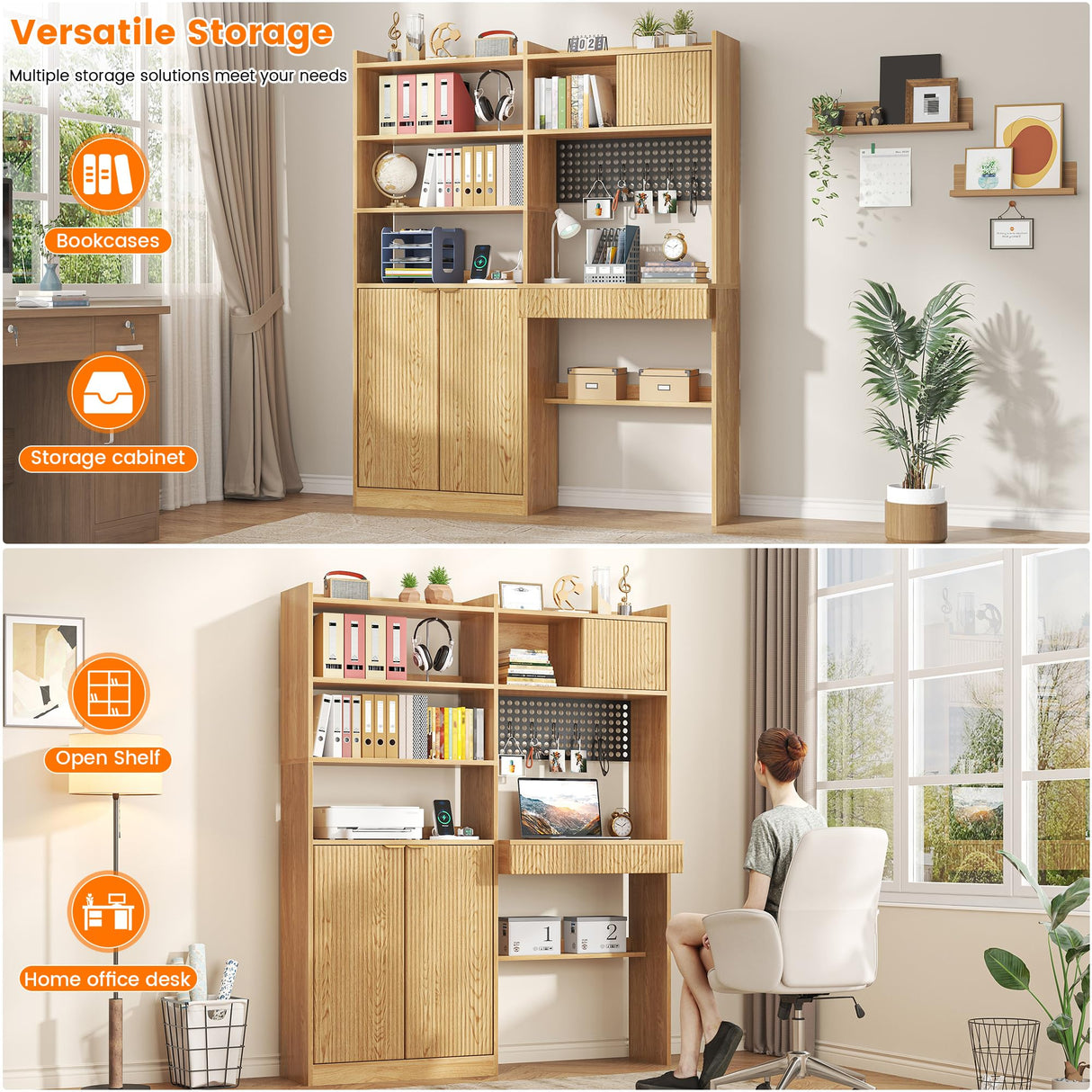 Semoic 70.87" Tall Bookshelf with Door & Drawer, 6 Tier Wooden Bookcase with LED Light & Power Outlets, Large Wide Book Shelf with Storage Cabinet, Floor Standing Display Shelf for Living Room, Brown Semoic