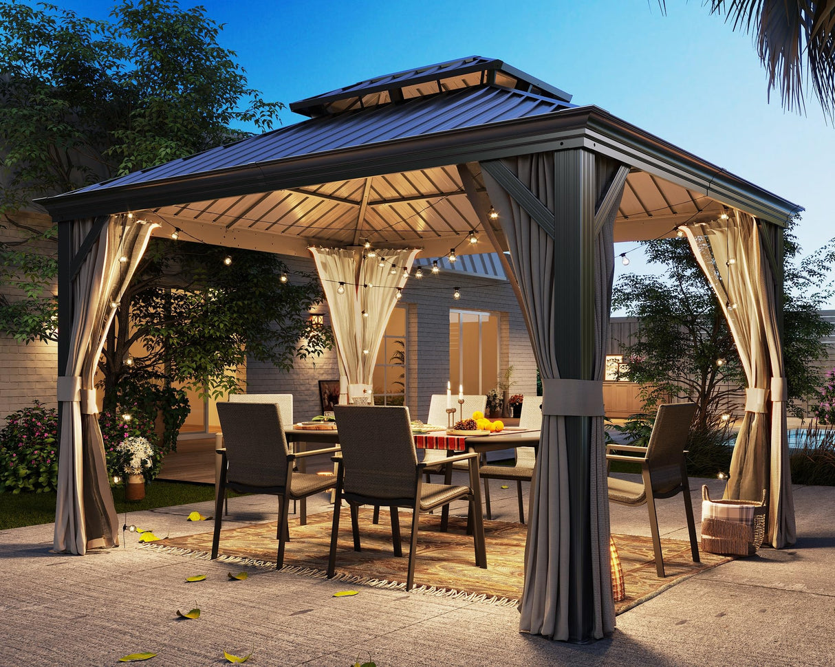 LAUSAINT HOME 10x12 ft Metal Gazebo with Nettings and Curtains for Patios, Waterproof Permanent Heavy Duty Double Hard Roofs Gazebos with Brown Aluminum Frame for Lawn, Party LAUSAINT HOME