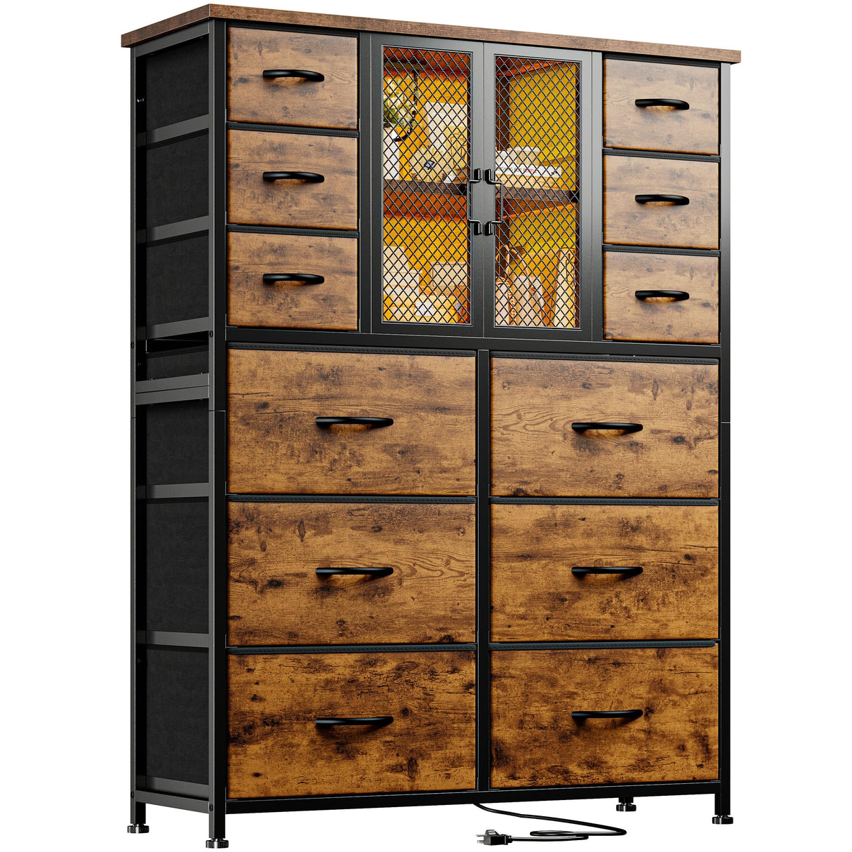 EnHomee Tall Dresser for Bedroom with 12 Drawer Dressers & Chests of Drawers for Closet with Power Outlets & LED Lights Large Dresser Organizer for Bedroom with Mesh Door, Rustic Brown EnHomee
