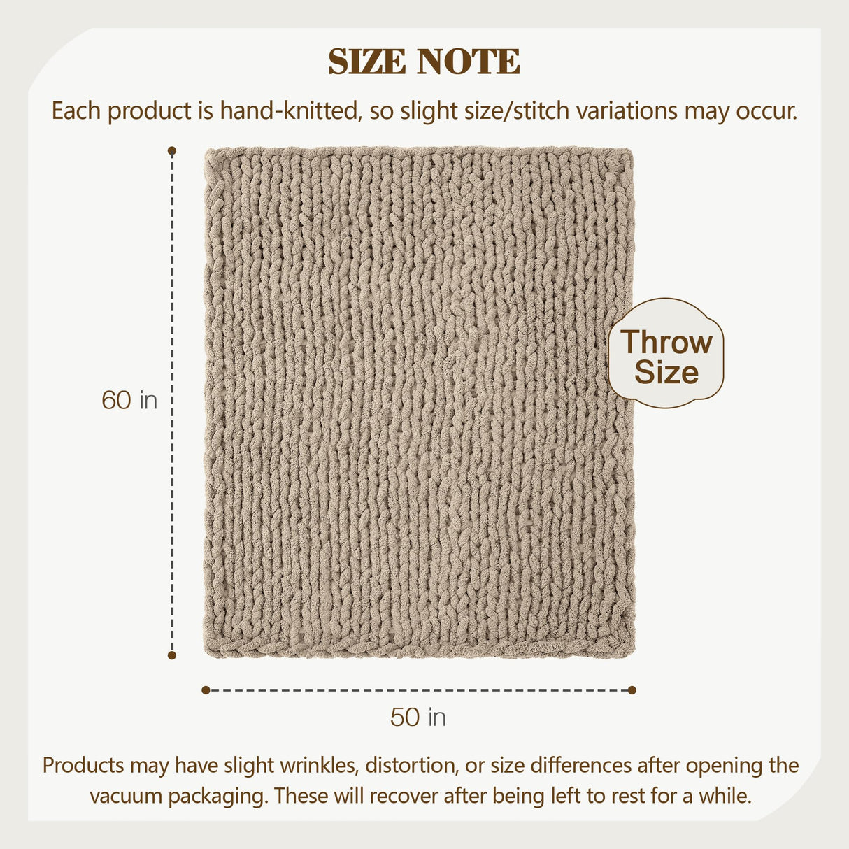 Carriediosa Chunky Knit Throw Blanket 50" X 60", 100% Hand Made Large Chenille Loop Yarn Soft Fluffy Throws for Couch Sofa Bed, Big Crochet Cozy Heavy Thick Cable Woven Blankets, Taupe Carriediosa