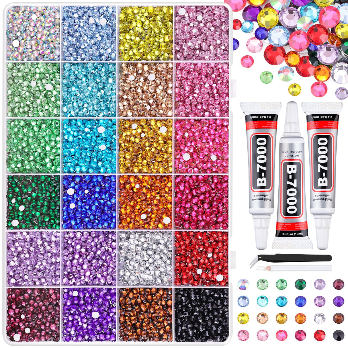 22000Pcs Resin Rhinestones for Bedazzling with Tweezers, Multicolor 2/3/4mm Rhinestones for Crafting with 3Pcs 10ml B7000 Jewelry Glue for DIY Crafts Clothing Tumblers Shoes Fabric Nail Art TINKRSTUFF
