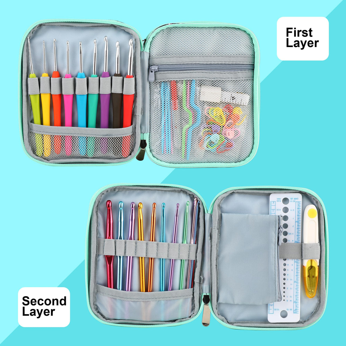 LOOEN Crochet Hook Case with Zipper and Web Pockets for Crochet Needles/Knitting Accessories - Lightweight Organizer Bag for Crochet Hook Kit Tools LOOEN