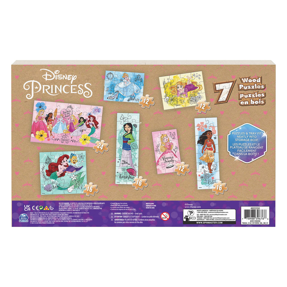 Disney Princess, 7 Wood Puzzles Jigsaw Bundle 12-Piece 16-Piece 24-Piece Ariel Tiana Rapunzel Pocahontas with Storage Tray, for Kids Ages 4 and up Spin Master Games