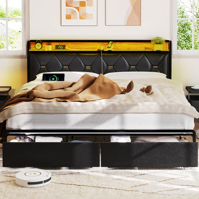 Ailisite King Size Upholstered Bed Frame with LED Headboard, Storage Drawers & Charging Station