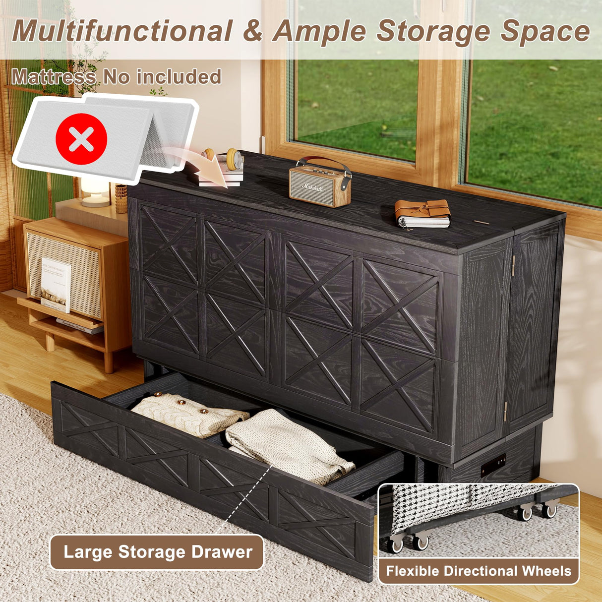 Keloyid Solid Wood Murphy Bed Cabinet:Queen Size Murphy Bed with USB Charging Station and Large Storage Drawer for Home,Optimize Sleeping Space(Mattress Not Included) Retro Brown Black-21 Keloyid