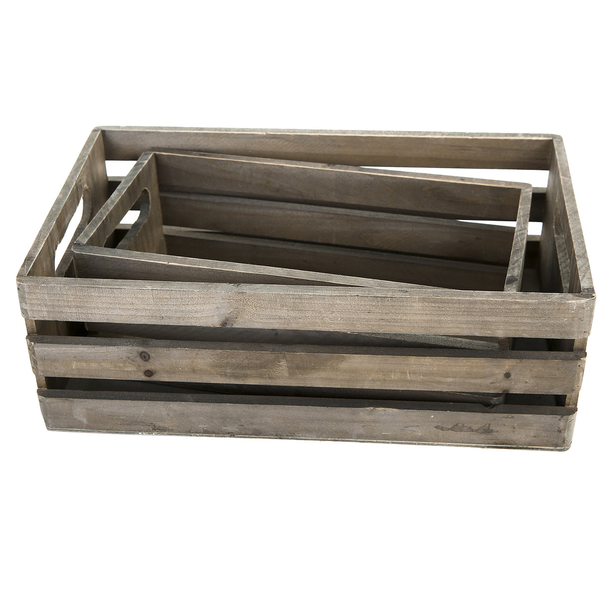 MyGift Rustic Brown Wood Decorative Storage Boxes with Cutout Handles - Country Style Nesting Crates, Open Top Pallet Design Bins, Set of 2 MyGift