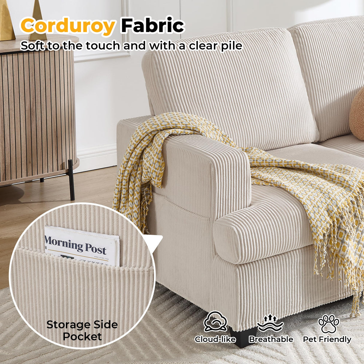 HOMYKA Loveseat Sofa, 60" Corduroy Couch with Side Pocket, Removable Pillow and Cushion Cover 2 seat Couches, Comfy Modern Small Couch for Living Room, Small Spaces, Dorms, Office, Beige HOMYKA