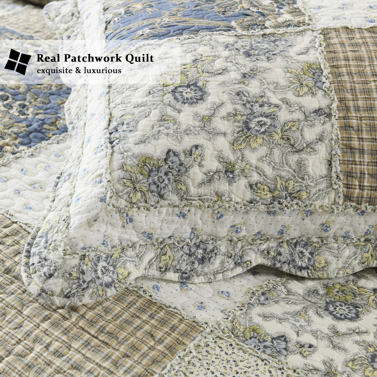 Yvooxny Quilt Set Queen Size Reversible Country Farmhouse Floral Real Patchwork Quilted Bedspread 3-Piece Quilt Set with Pillowcases with Ruffles for All Seasons, 90 x 98 Inches Yvooxny