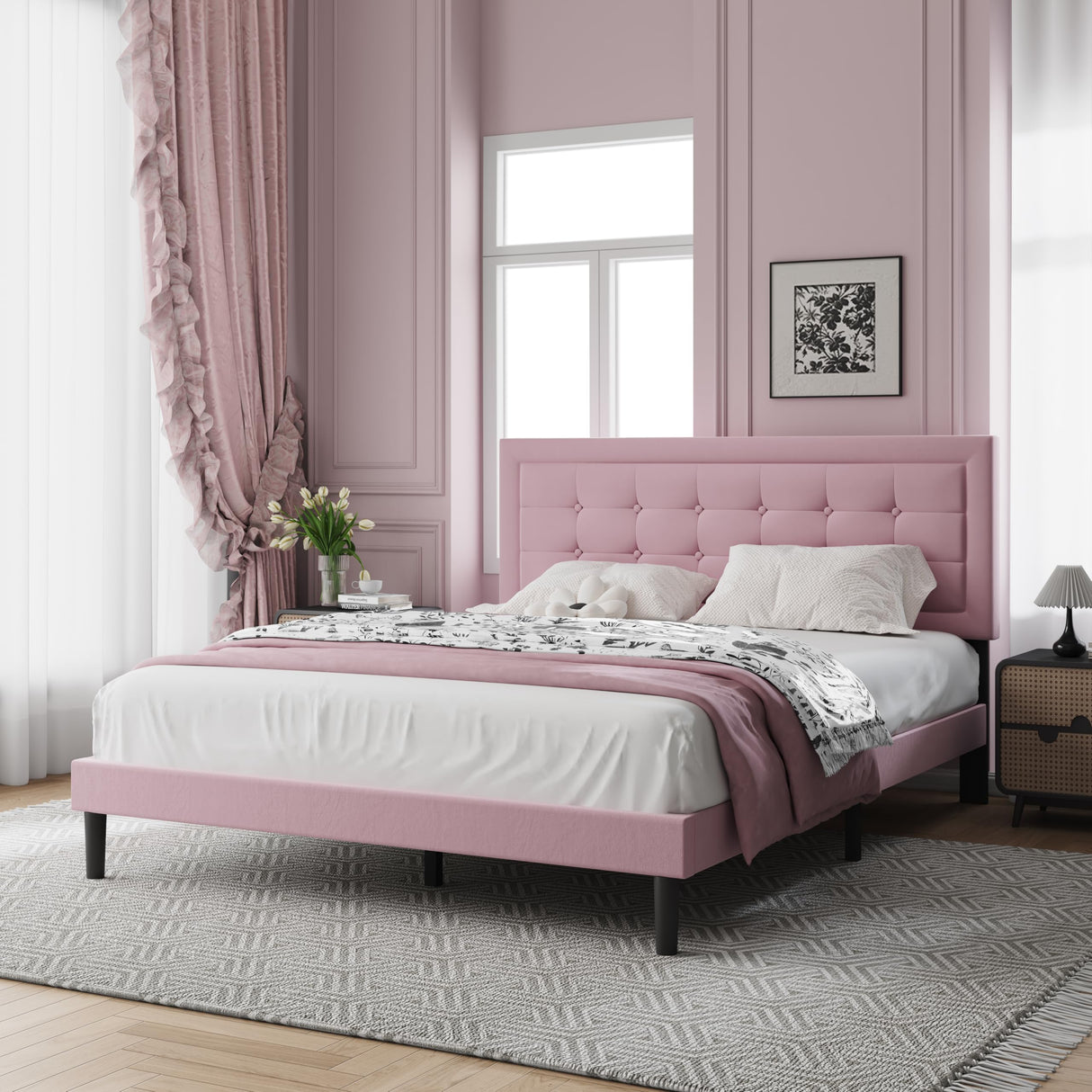 IOILORI Queen Size Upholstered Platform Bed, Queen Size Bed Frame with Tufted Button Headboard, Sturdy Frame Wooden Slats, No Spring Mattress Required, Noiseless, Easy to Assemble, Pink IOILORI