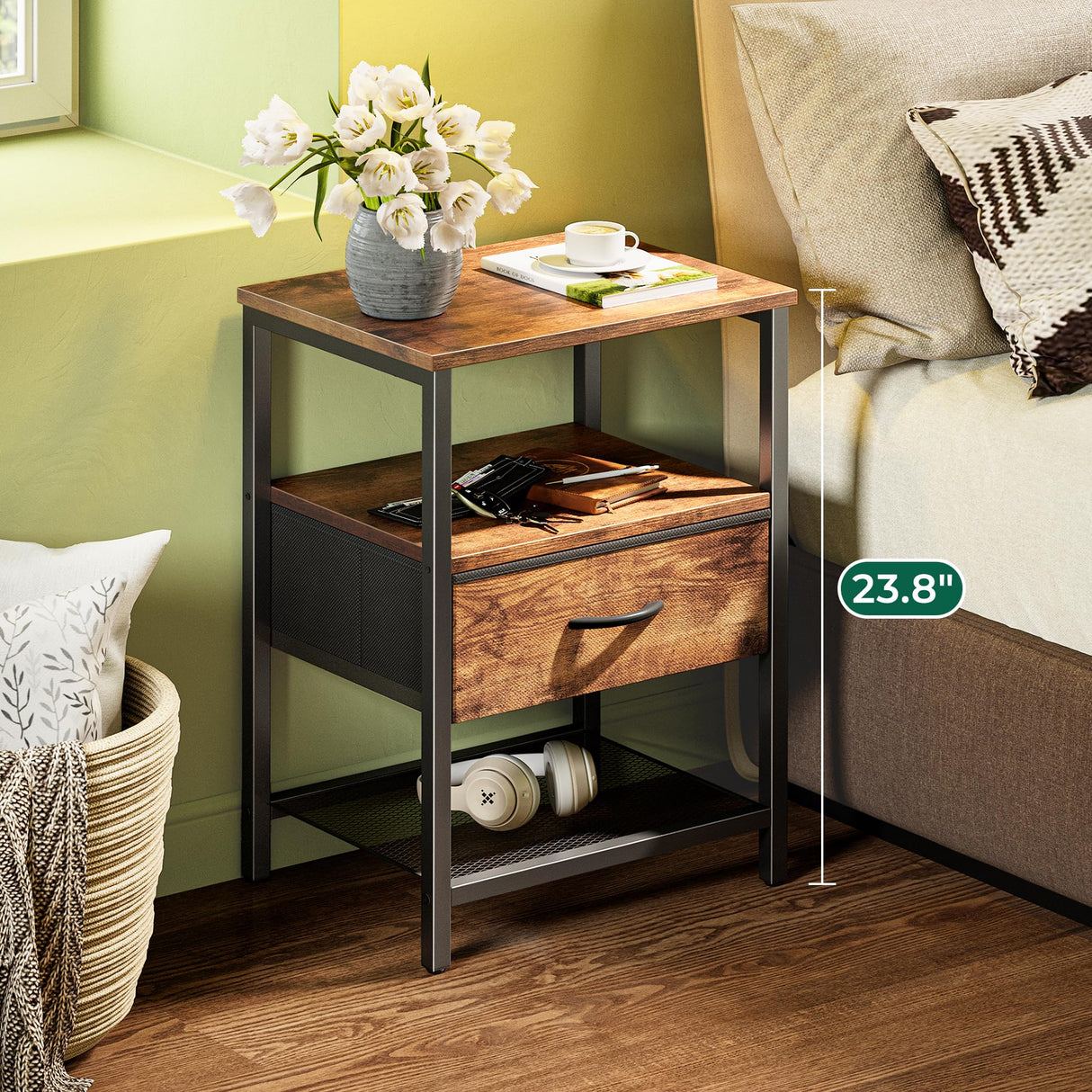 Huuger Rustic Brown Nightstand Set with Fabric Drawer and Mesh Shelf - Versatile Side Tables for Any Room Huuger