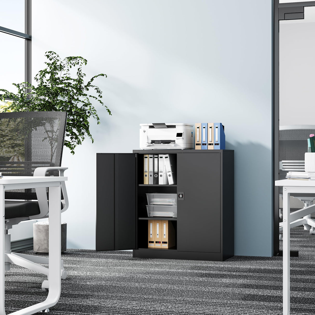 Fesbos Metal Storage Cabinet-36” Tall Steel File Cabinets with Lockable Doors and Adjustable Shelves-Black Steel Storage Cabinet for Home Office, School, Garage Fesbos