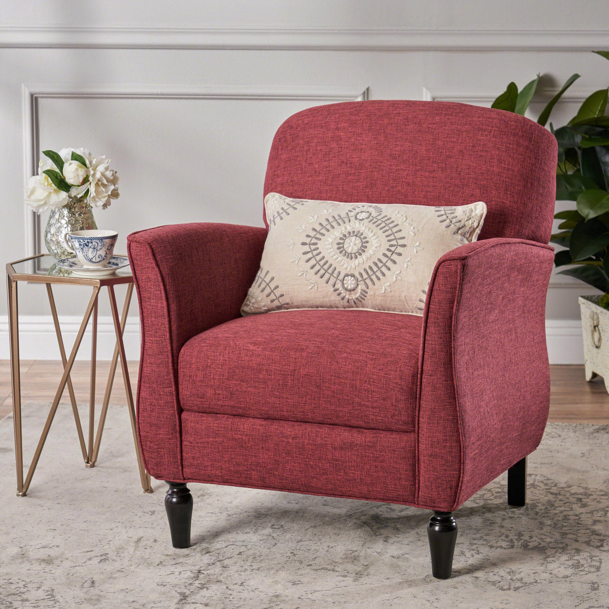 TREATLIFE HOME Traditionally-Inspired Armchair with Tweed Upholstery and Polished Legs, Retro Design, Red TREATLIFE HOME
