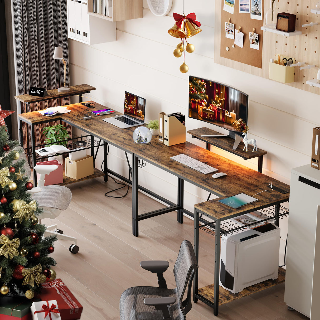 Bestier 58 L Shaped Desk with Power Outlets,Home Office Corner Desk with Reversible Shelves & LED Lights - Modern Simple Writing Study Desk for Small Space,Rustic Brown Bestier