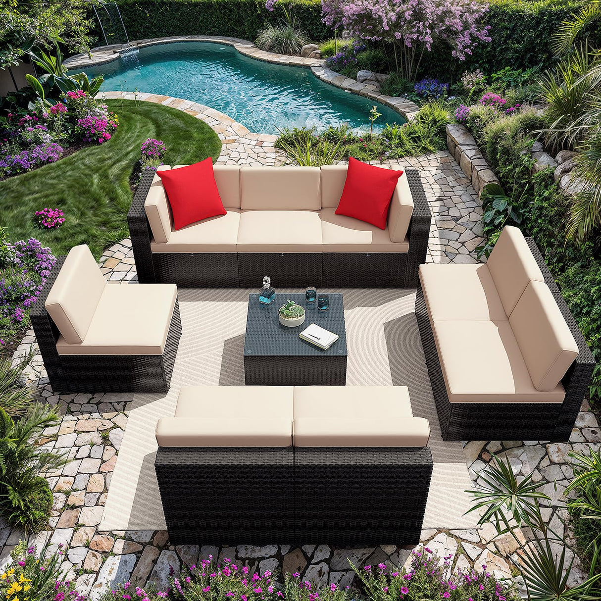 Greesum Patio Furniture Sets 9-Pieces Outdoor PE Rattan Sectional Sofa with Thickened Cushions and Glass Coffee Table,Beige Greesum