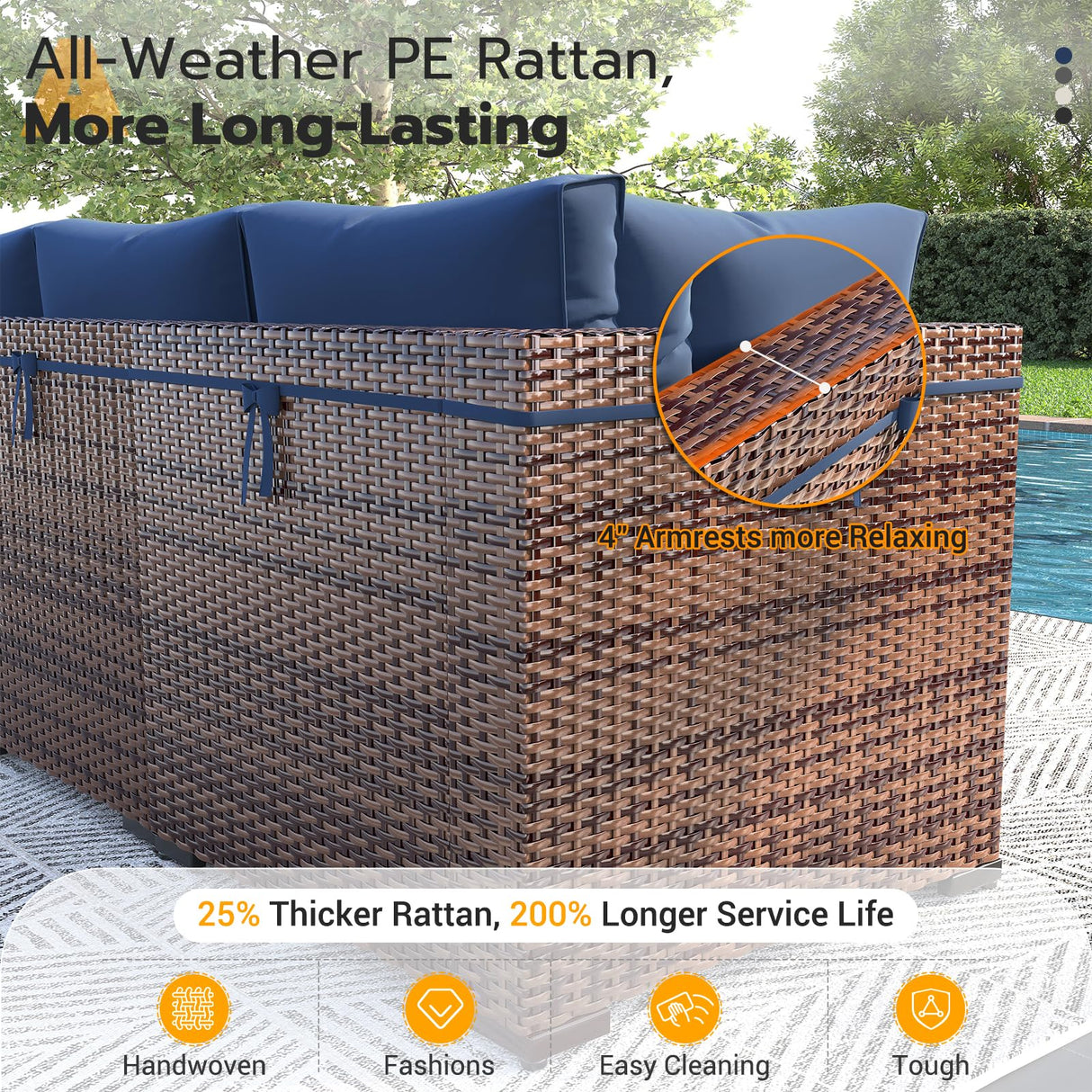 UDPATIO Patio Furniture Set, 7 Piece Outdoor Sectional Sofa, Modular Wicker Outdoor Furniture Conversation Sets with Waterproof Cover for Backyard Deck(Brown/Navy Blue) UDPATIO