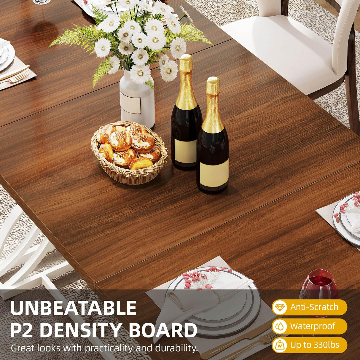 DWVO 70.3" Large Modern Dining Table for 6-8 People, Rectangular Walnut Kitchen Dining Room Table with Thick Tabletop and White Geometric Metal Legs, Farmhouse Wood Dinner Tables DWVO