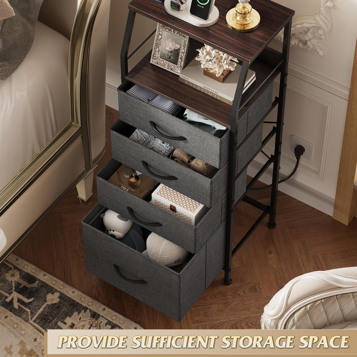 WLIVE Nightstand with Charging Station, Night Stand with LED Light, Tall 4 Drawer Dresser for Bedroom, 37" H Bedside Table with Fabric Storage Bins, Open Wood Shelf, Metal Frame, Dark Grey WLIVE