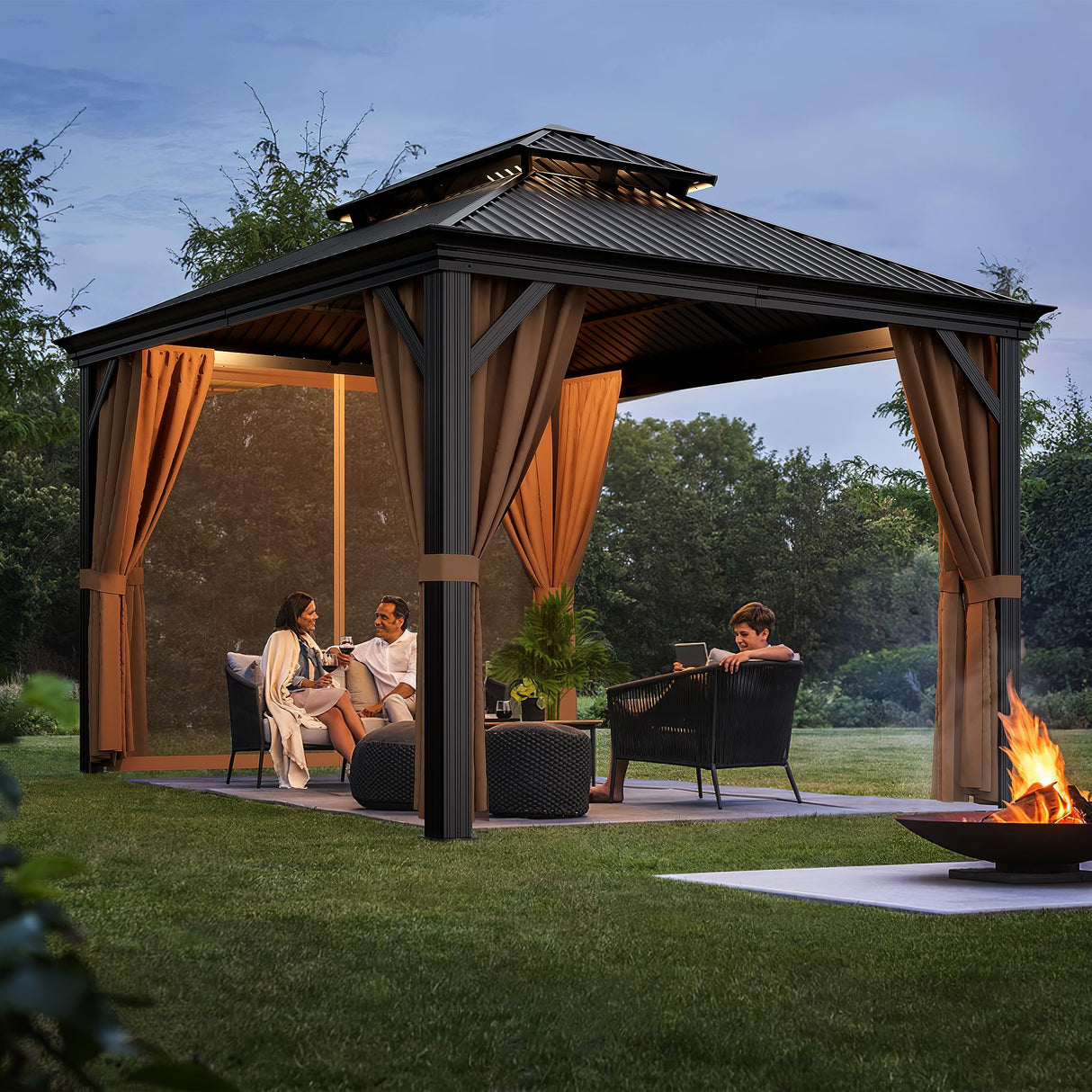 Flamaker Hardtop Gazebo 10' x 12' Aluminum Frame Outdoor Gazebo with Privacy Curtains and Gauze Mesh Sunshade Pavilion Double Roof Canopy for Patio, Lawn, Deck, Poolside Flamaker