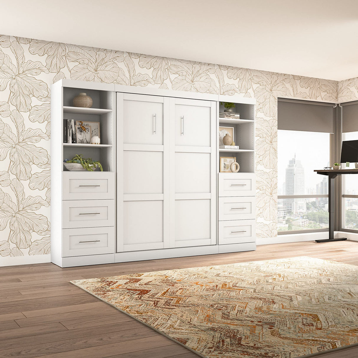 Bestar Pur Full Murphy Bed and 2 Shelving Units with Drawers, 109-inch Space-Saving Sleeping Arrangement in White Bestar