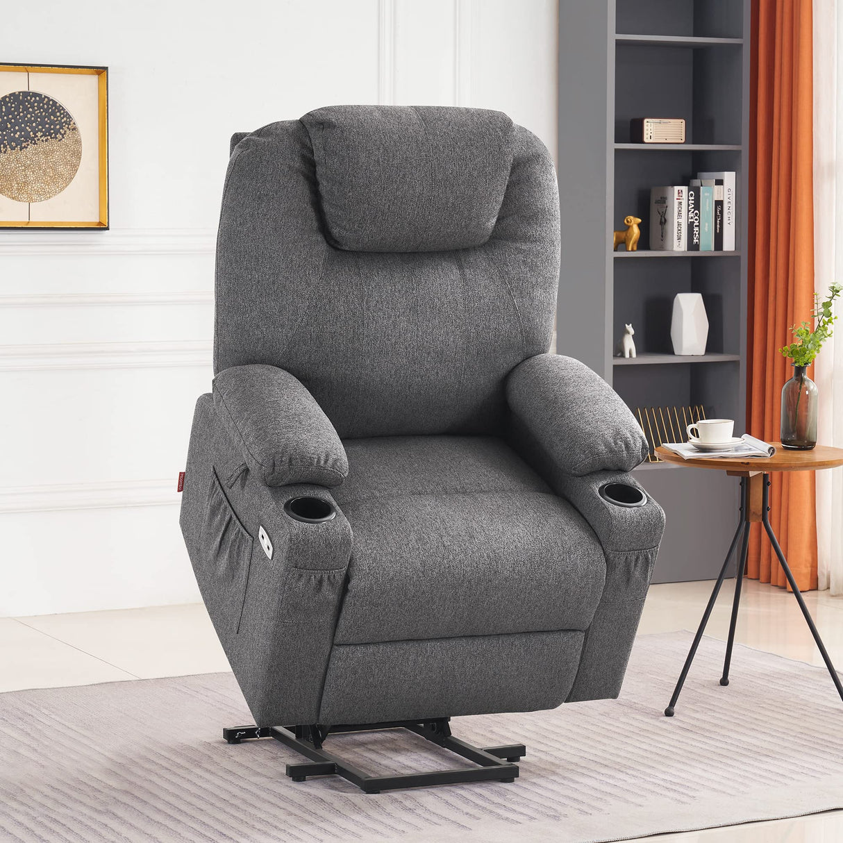 MCombo Large Power Lift Recliner Chair Sofa with Massage and Heat for Big and Tall Elderly People, 3 Positions, Cup Holders, and USB Ports, Extended Footrest, Fabric 7516 (Large,Dark Grey) MCombo