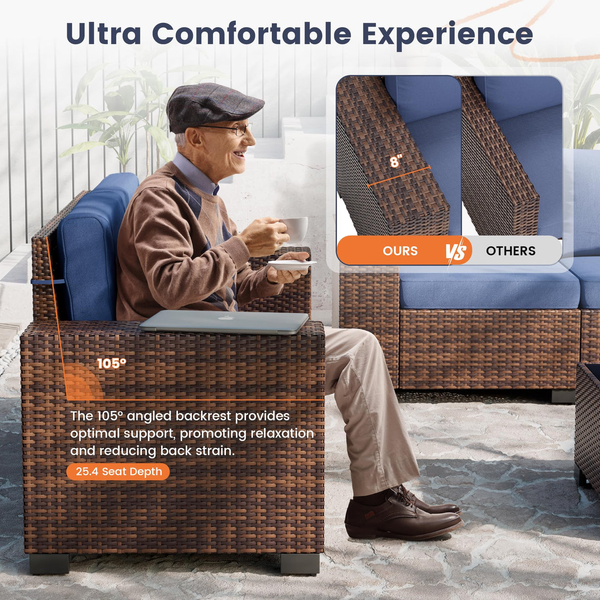 UDPATIO Patio Furniture Set with Fire Pit Table, 8 Inch Armrest Outdoor Sectional Sofa, 9 Piece Wicker Outdoor Furniture Conversation Sets with Waterproof Cover for Backyard Deck(Brown/Navy Blue) UDPATIO