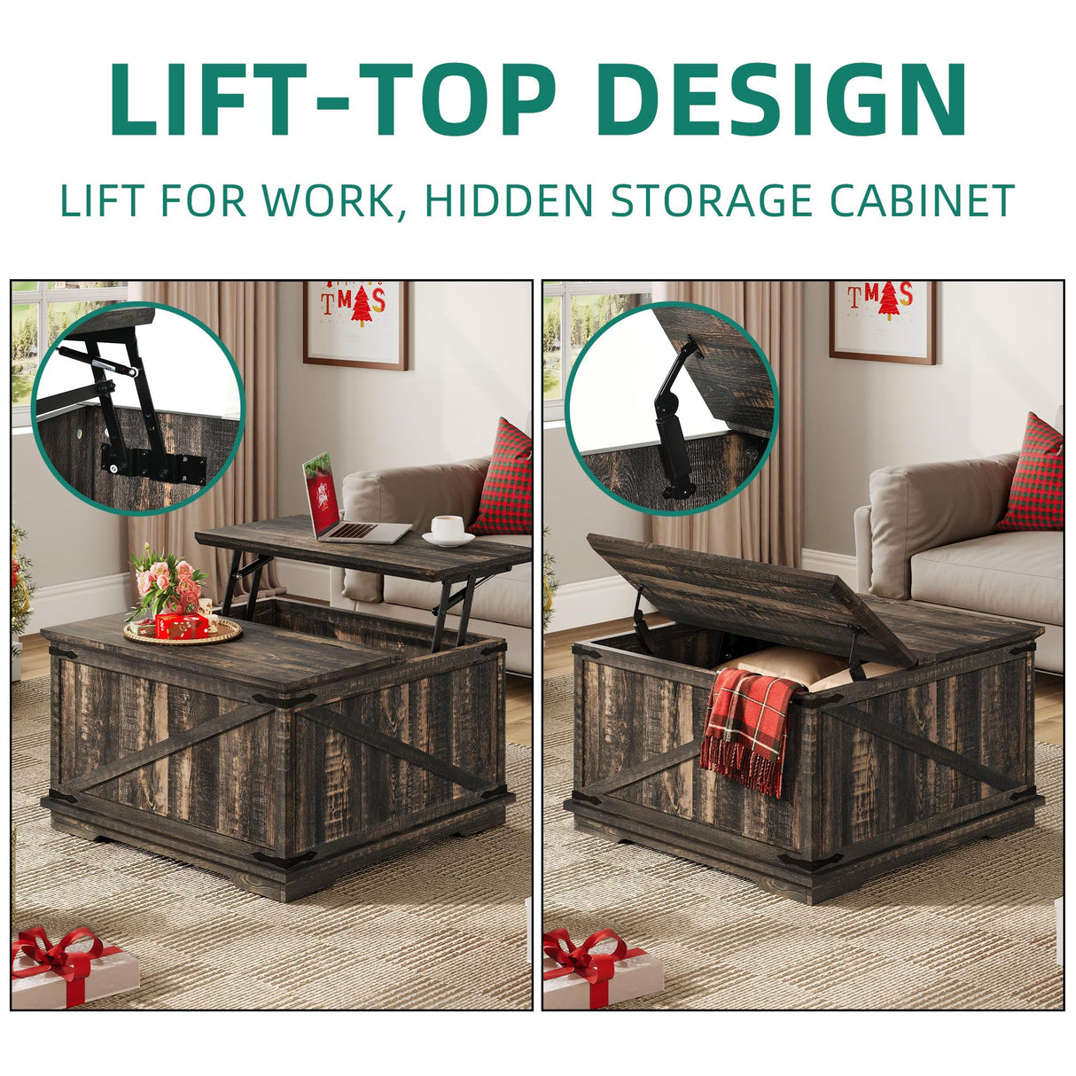 YITAHOME Farmhouse Lift Top Coffee Table, Square Wood Center Table with Large Hidden Storage Compartment for Living Room, Rustic Cocktail Table with Lift Top for Home Office,Dark Rustic Oak YITAHOME