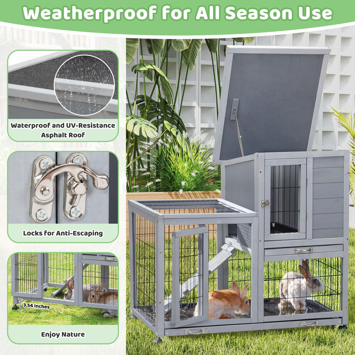 Rabbit Hutch Indoor Outdoor Bunny Cage 39" L Large 2-Story Wooden Small Animal House Enclosure with Wheels, 2 Removable Trays, Waterproof Openable Roof, Grey COZIVVOVV