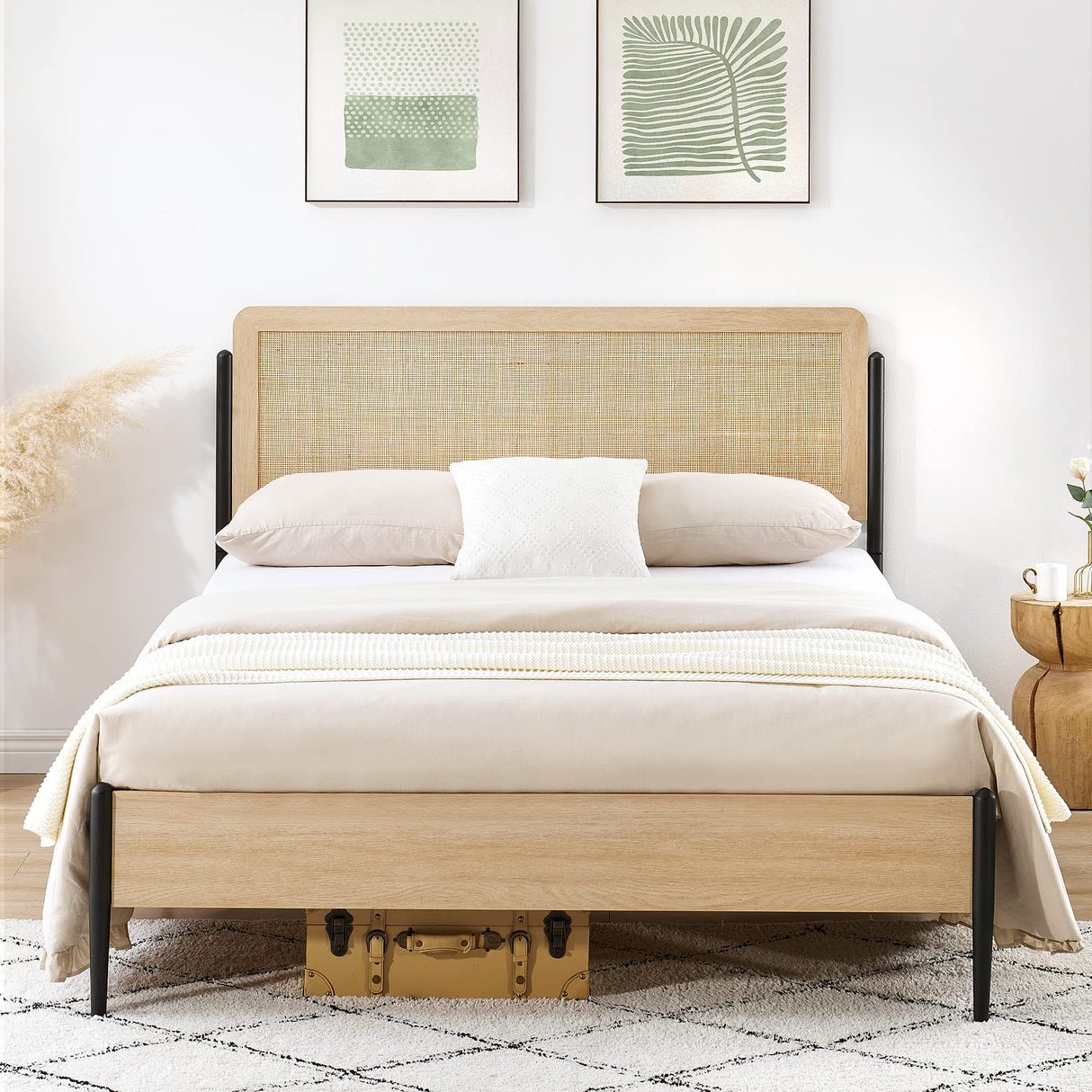 GAOMON Full Metal Bed Frame with Curved Rattan Headboard and Wooden Footboard,Modern Platform Bed Frame with Underbed Storage Space,Noiseless,No Spring Box Needed, Oak GAOMON