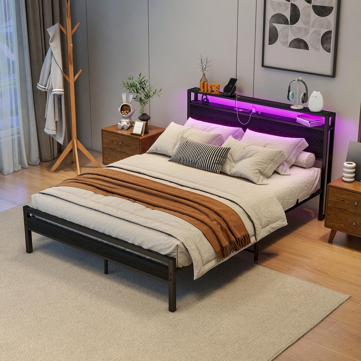 Queen Bed Frame with Storage Headboard/LED Lights,Metal Platform Bed Frame Queen Size with Storage Charging Station,Queen Bed Frame No Box Spring Needed,Heavy Duty Metal Slats,Bed Base,No Noise,Black HOJINLINERO