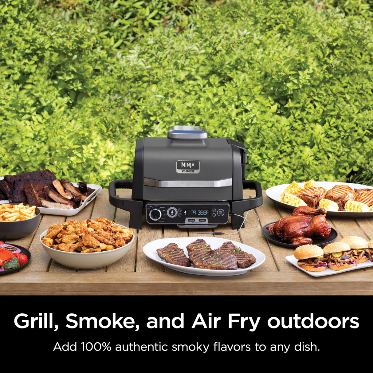 Ninja, Woodfire Pro Outdoor Grill and Smoker, Thermometer, BBQ Smoker, Air Fryer, Bake, Roast, Dehydrate, Broil, 7-in-1, Master Grill, Ninja Woodfire Pellets, Portable, Electric Grill, Grey, OG751BRN Ninja