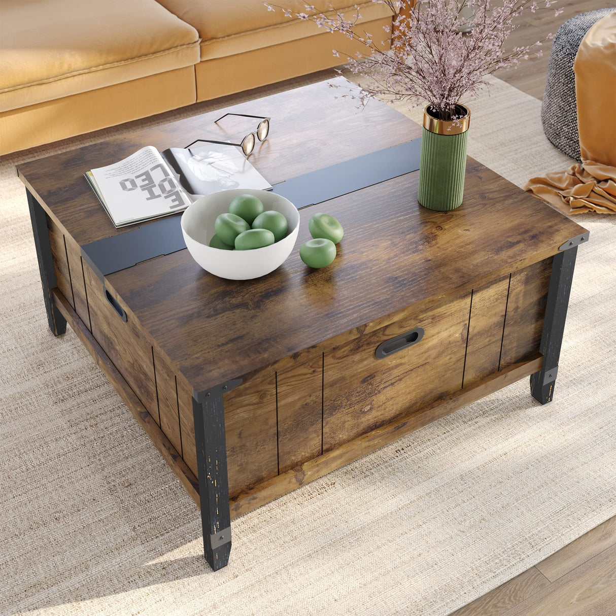 Bestier Farmhouse Coffee Table, Square Wood Center Table with Large Hidden Storage Compartment for Living Room, Rustic Cocktail Table with Hinged Lift Top for Home,Rustic Brown Bestier