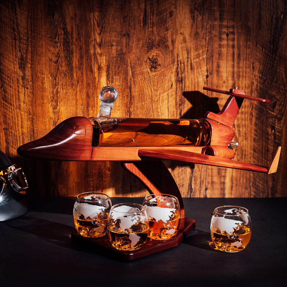 Whiskey & Wine Decanter Jet Airplane Set and Glasses Antique Wood Airplanes - The Wine Savant Whiskey Gift Set & 2 Airplane Glasses, Pilot Gift Moving Parts- Alcohol Related Gift, BAR DECOR Large 21" The Wine Savant