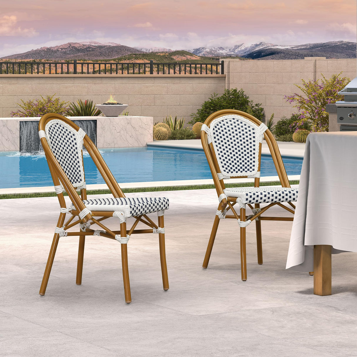 PURPLE LEAF Outdoor Dining Chair Set of 2 Patio French Aluminium Frame in Bamboo Finish with Sky Blue & White Woven Rattan for Indoor Kitchen Deck Bistros Cafe Restaurant PURPLE LEAF