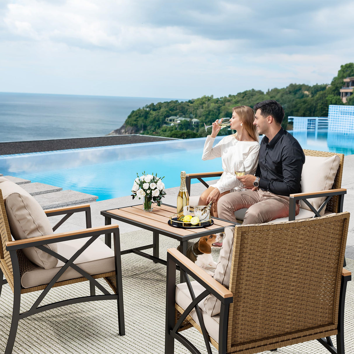 YITAHOME 4-Piece Patio Wicker Furniture Set with Wood Armrest, All Weather Rattan Conversation Furniture Sets for Backyard, Balcony, Deck w/Soft Cushions and Plastic Wood Table (Light Brown+Beige) YITAHOME