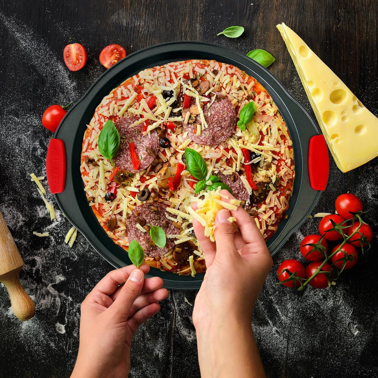 NutriChef Non-Stick Kitchen Oven Baking Pans-Deluxe & Stylish Nonstick Gray Coating Inside Outside, Commercial Grade Restaurant Quality Metal Bakeware with Red Silicone Handles NCSBS8S, 8 Piece Set NutriChef