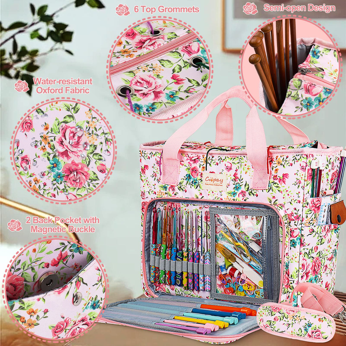 Coopay Large Crochet Bag Knitting Bags and Totes Organizer, Traveling Crochet Bags Yarn Bag for Carrying Crochet Hooks, Knitting Kit, Skein Yarn Wool, Project, Knitting & Crochet Supplies, Pink Flower Coopay