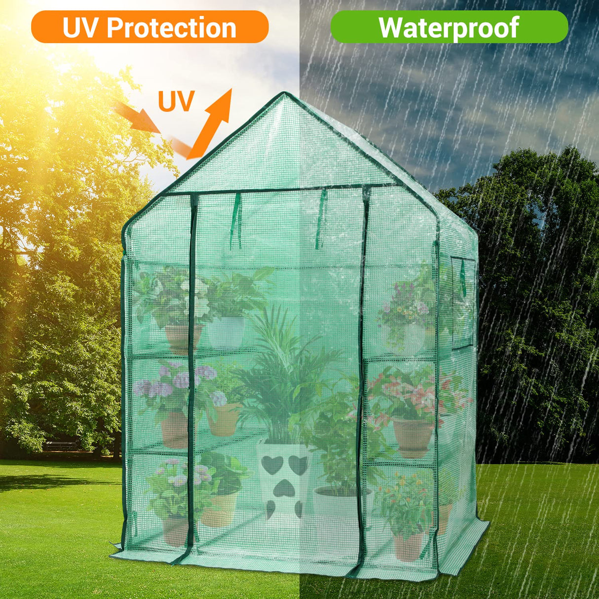 Ohuhu Greenhouse for Outdoors with Mesh Side Windows, 3 Tiers 4 Shelves Small Walk-In Green House Plant Stands Plastic PE Cover Outside Portable Warm House for Seedling Flowers Growing, 4.8x2.5x6.4 FT Ohuhu