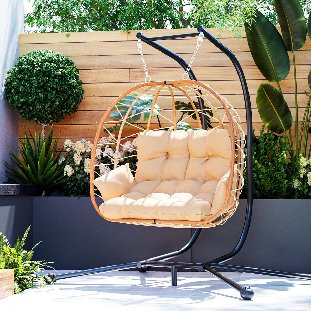 Pamapic 700 LBS Double Egg Chair Outdoor, UV Resistant Cushions Hanging Egg Chair with Armrests & Headrest, Thick Steel Frame Egg Swing Chair with Stand, for Relaxing & Reading Outside/Inside(Beige) Pamapic