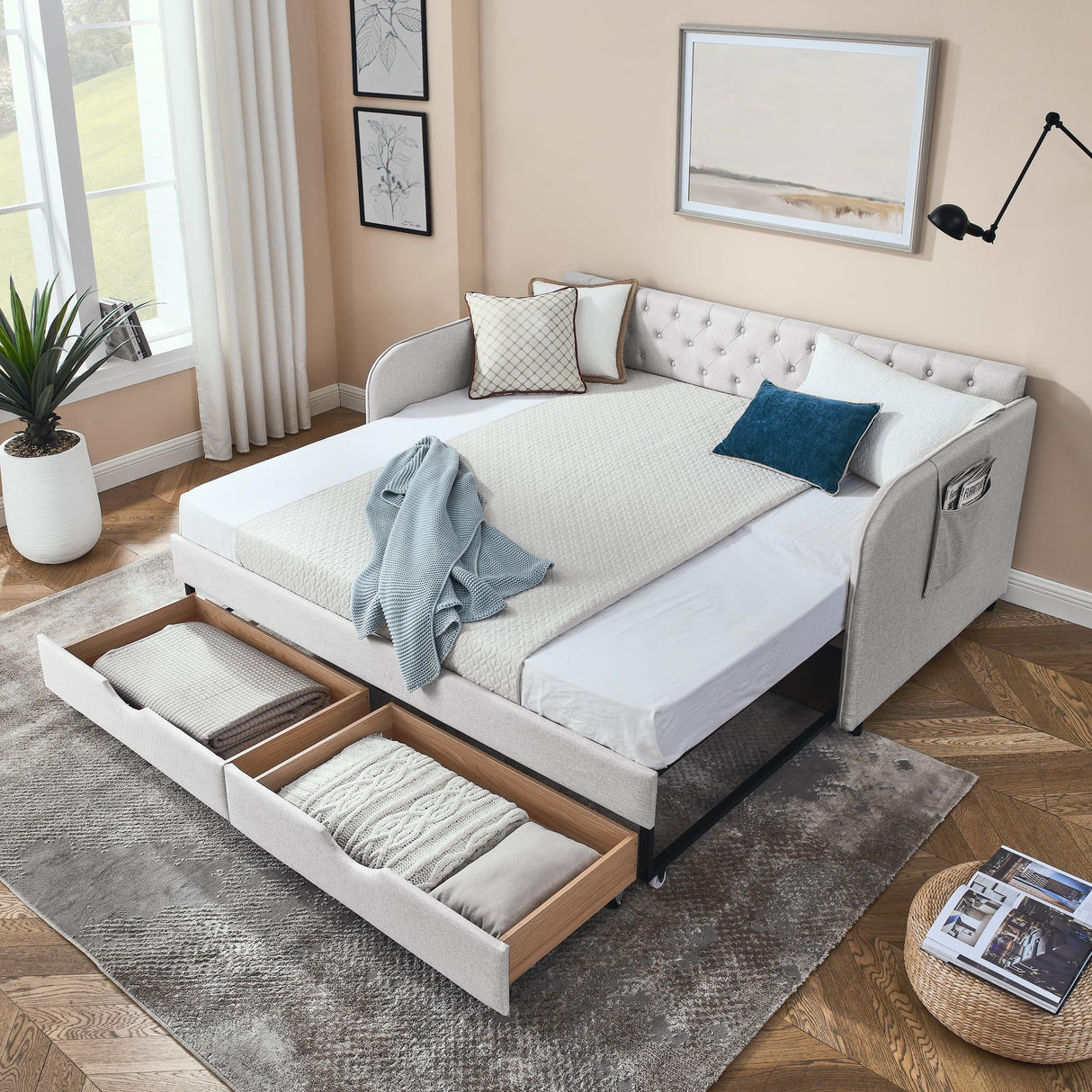 Twin to King Daybed Frame with Two Storage Drawers, Modern Upholstered Button Tufted Day Bed Nailhead Trim and Wood Slat for Bedroom Guest Room, No Box Spring Needed(Twin to King, Beige) SLEERWAY
