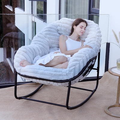 Naga Bahna Outdoor Rocking Chair, Patio Wicker Egg Chair, Indoor Comfy Oversized Papasan Chair with Padded Cushion, Royal Rattan Rocker for Front Porch, Garden, Patio (Light Grey)