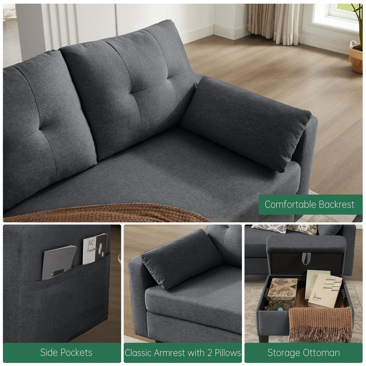Portaforta Convertible Sectional Sofa Couch, 101" U Shaped Couch with Storage Chaise and Side Pocket, Modern Polyester 4-Seat Reversible Sofa Set for Living Room, Dark Grey Portaforta