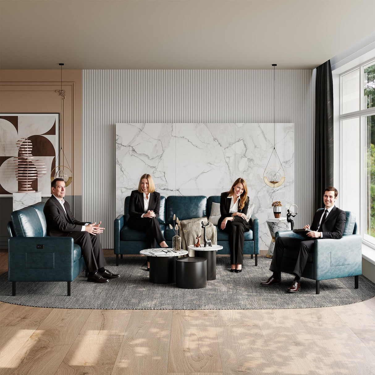 STHOUYN 73" W Faux Leather Couch w/ 2 USB, Leather Sofa w/Side Pockets, Wooden Frame 3 Seat Couch for Livingroom, Office, Apartment (Blue, 3 Seater) STHOUYN