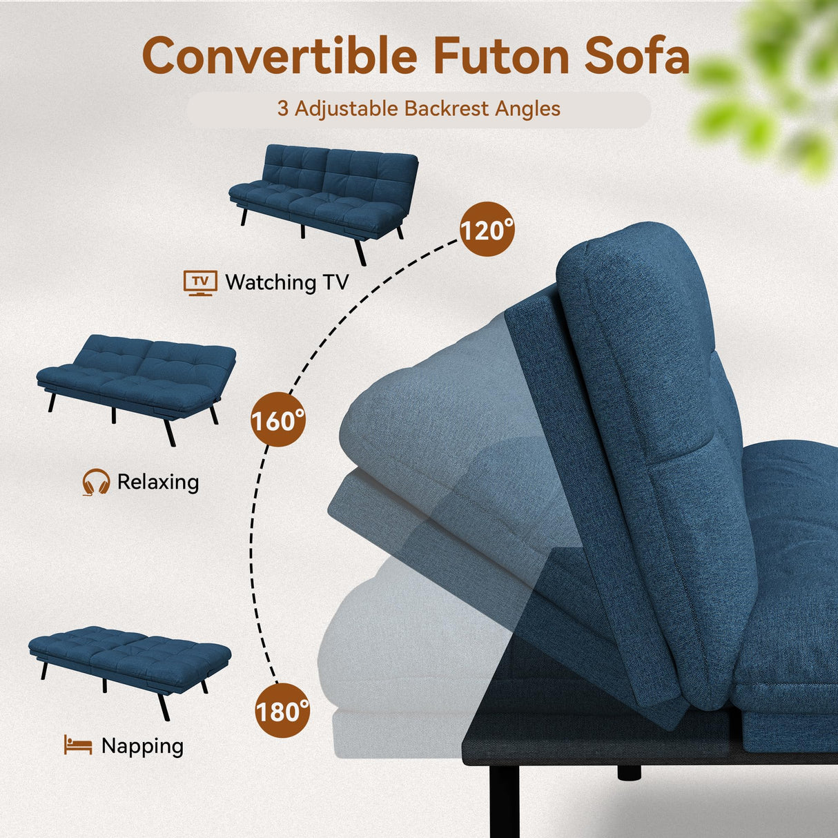 Vipbear Convertible Futon Sofa Bed, Blue Linen Futon Couch with Adjustable Backrest & Armrests, Folding Small Recliner Sleeper Sofa Bed for Living Room, Apartment, Office Vipbear