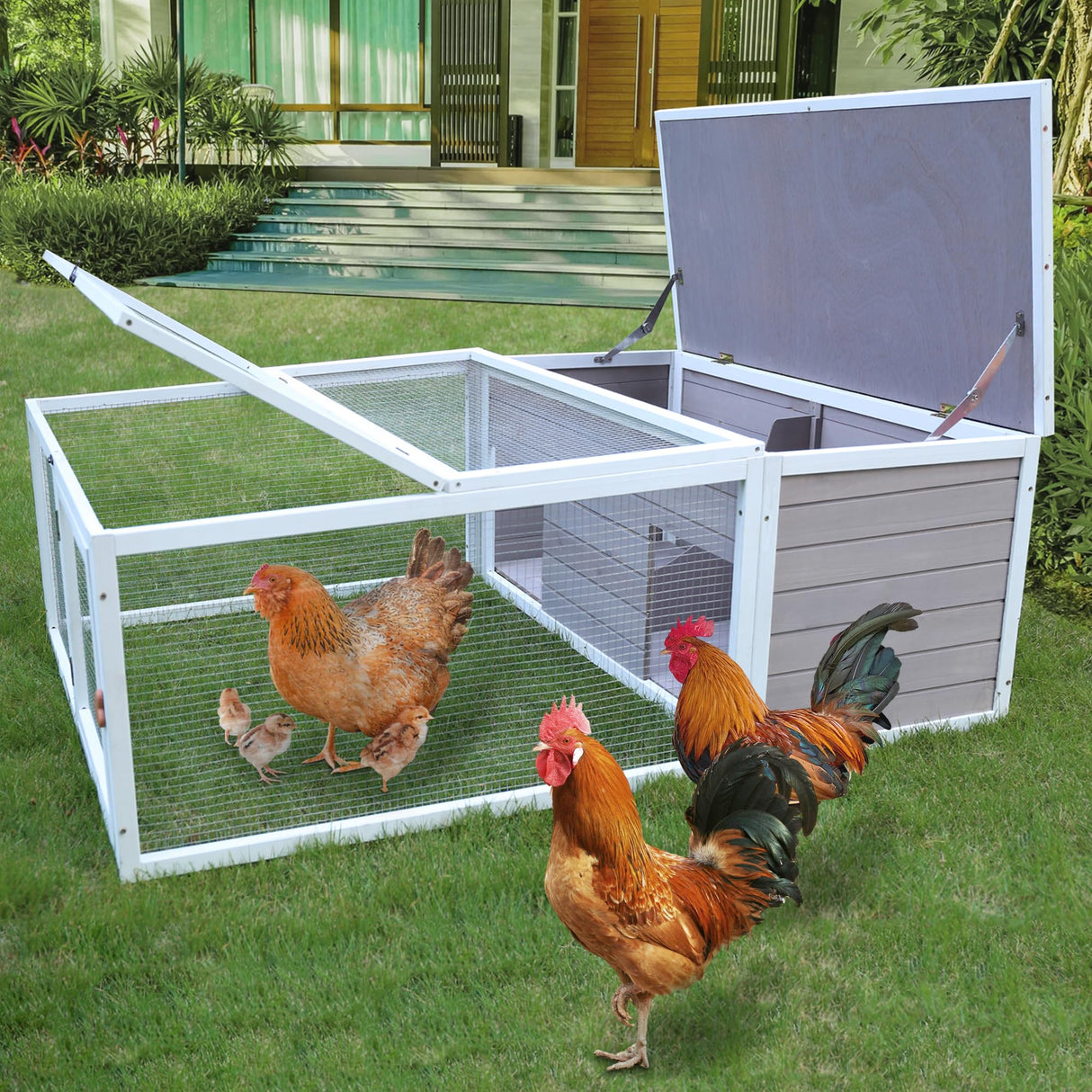 Chicken Coop with Run, 60” Rabbit Hutch Outdoor, Large Tortoise Habitat Pet Cage Wood Small Animal Poultry Cage Run with Waterproof Asphalt & Openable Roof and Side Door Rockever