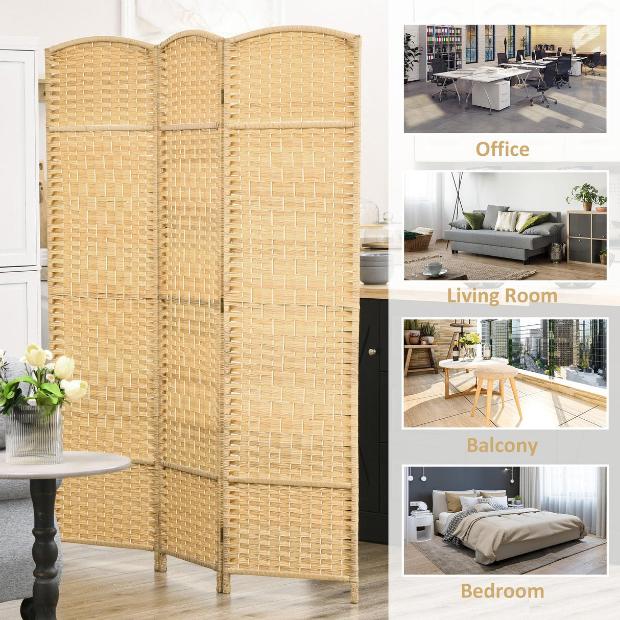 HOMCOM 3 Panel Room Divider, 6' Tall Folding Privacy Screen, Hand-Woven Freestanding Wall Partition for Home Office, Bedroom, Nature Wood HOMCOM