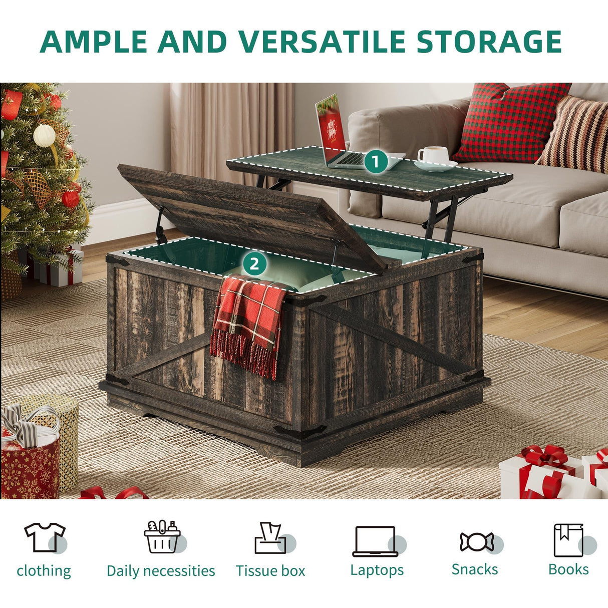 YITAHOME Farmhouse Lift Top Coffee Table, Square Wood Center Table with Large Hidden Storage Compartment for Living Room, Rustic Cocktail Table with Lift Top for Home Office,Dark Rustic Oak YITAHOME