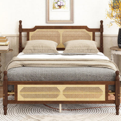MoproBeti Queen Bed Frame with Rattan Headboard and Footboard, Rubber Wood Platform Bed Frame with Large Under Bed Storage,Boho and Mid Century Style, No Box Spring Needed, Easy Assembly,Walnut